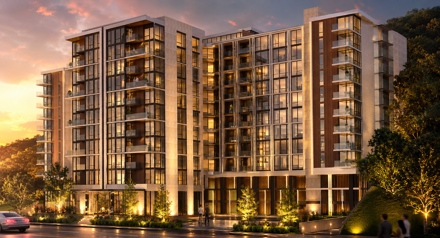 Dusk exterior rendering of Noblé with illuminated glass and landscaped arrival