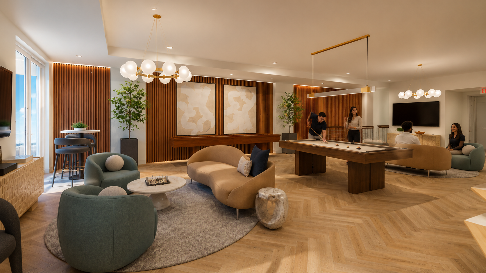 Game lounge with billiards, seating, and warm wood wall detailing