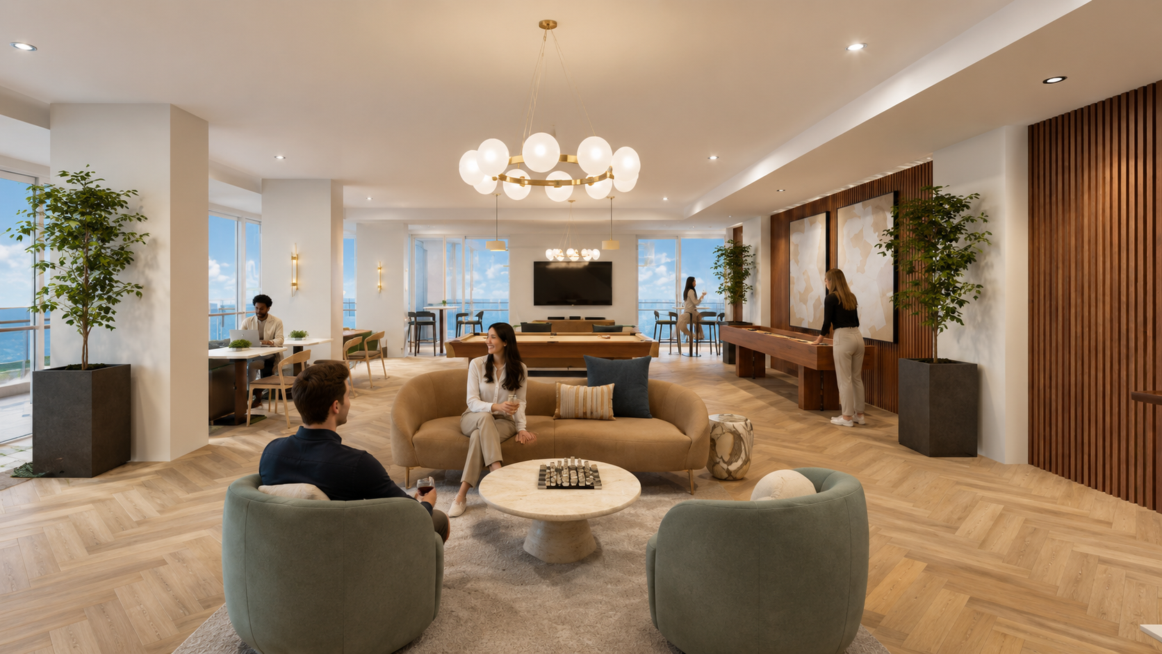 Resident lounge with seating, billiards, and Hudson River views