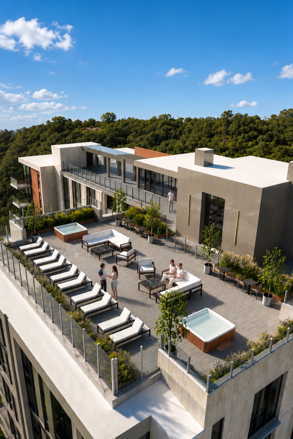 Aerial rendering of rooftop deck with lounge seating, planting, and hot tubs